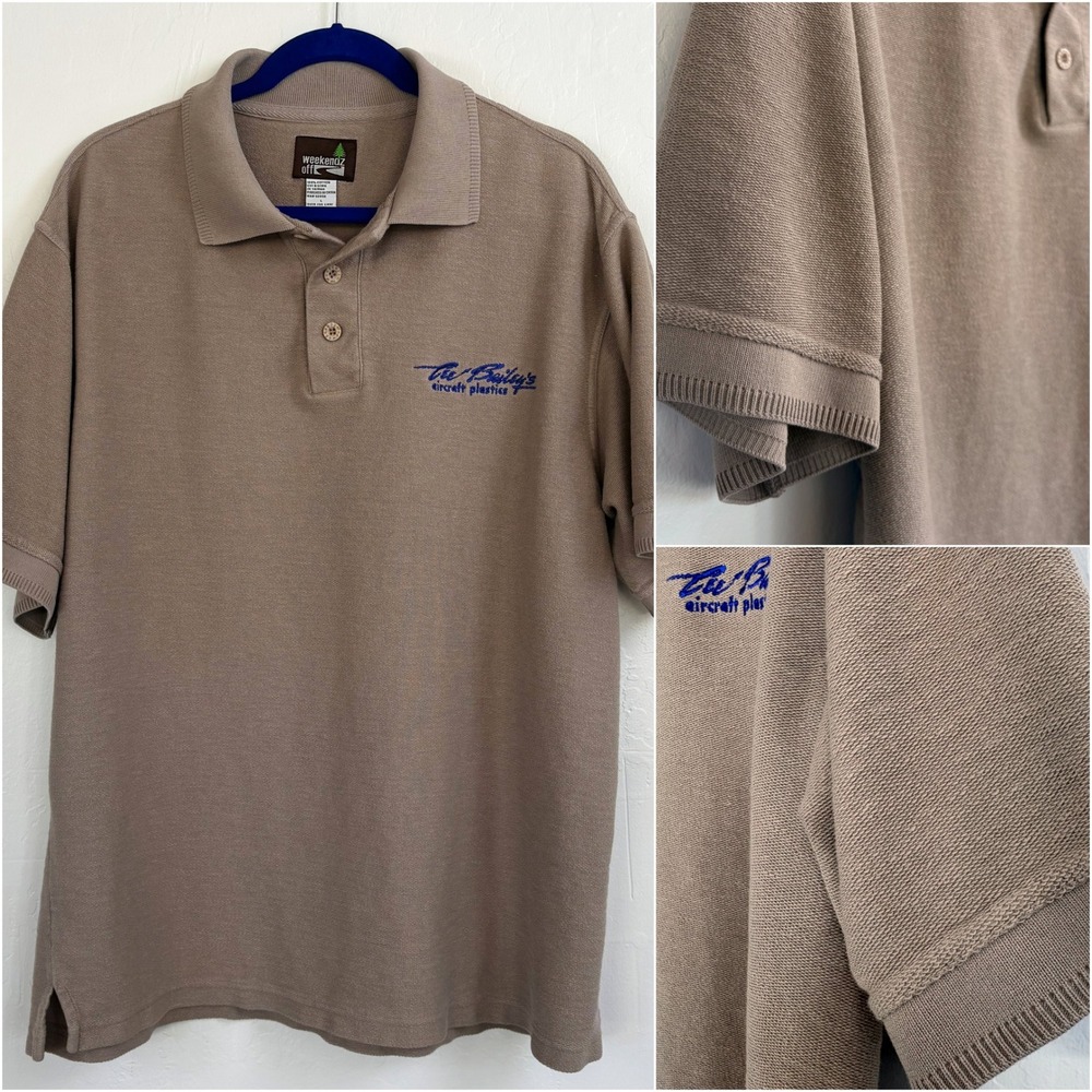 Vtg Weekendz‎ Off Heavyweight Polo Shirt L Taupe Rib Knit Classic Aviation Retro